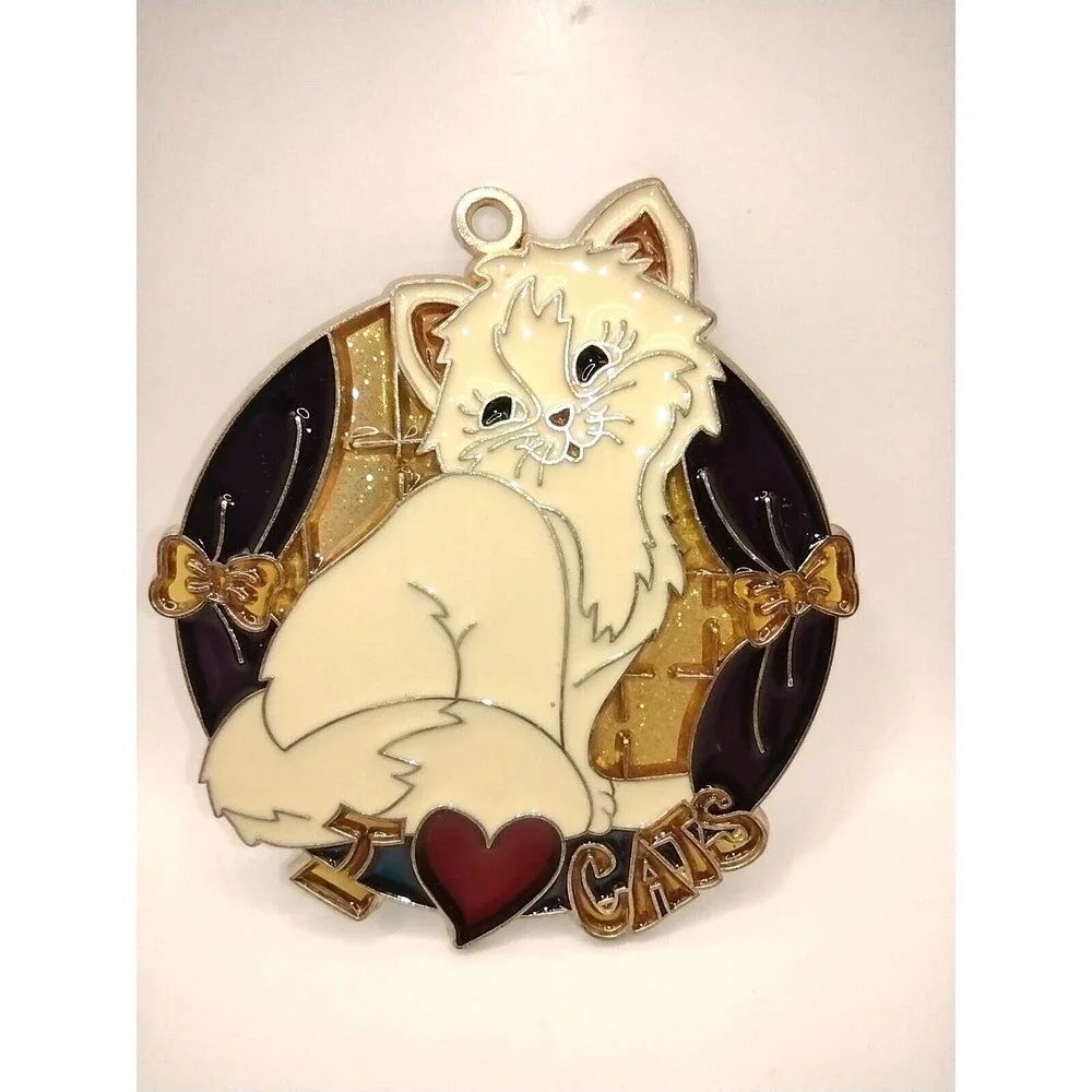 Vtg Persian Cat Sun Catcher Faux Stained Glass Window Green Eyes I Love Cats 4